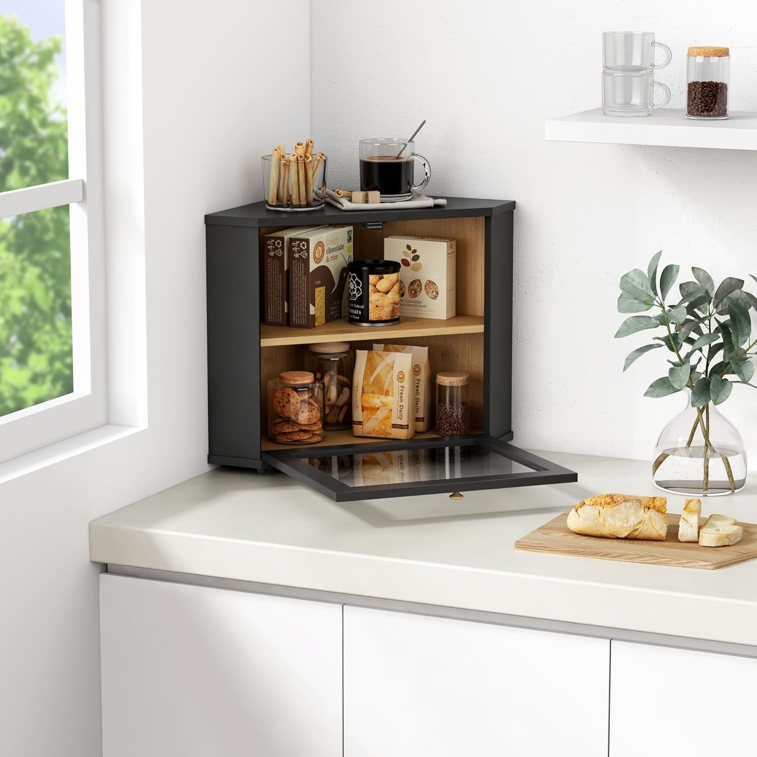Corner Bread Box for Kitchen Countertop, Black Bread Storage Container for Homemade Bread, Two Layer Breadbox under Cabinet Mount, Large Bread Holder for Kitchen Counter, Panry Shelf